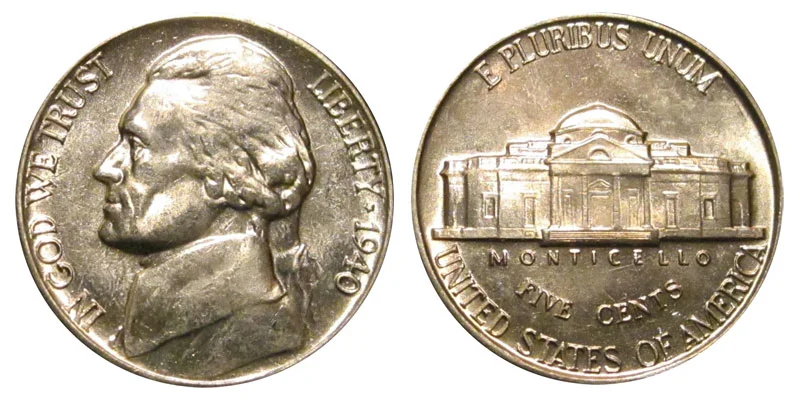 1940 Jefferson Nickel obverse showing Jefferson portrait and reverse showing Monticello building