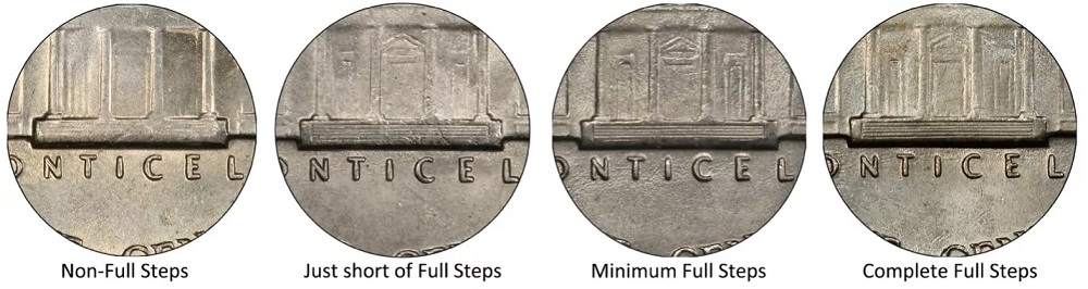 1940 nickel Full Steps comparison — left partial steps, right five complete step lines across Monticello staircase