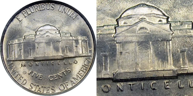 1940 Jefferson Nickel reverse Full Steps close-up showing five complete horizontal lines across Monticello staircase