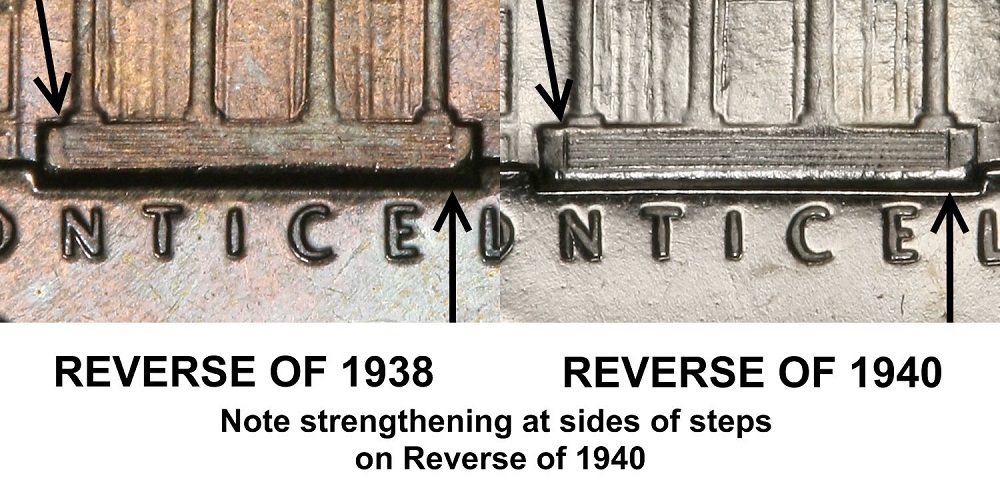 1940 Jefferson Nickel Proof Reverse of 1938 showing soft wavy Monticello steps versus sharp 1940 standard proof reverse
