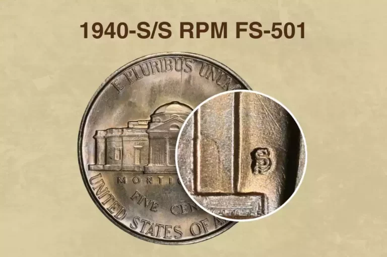 1940-S Jefferson Nickel S/S RPM FS-501 close-up showing secondary S impression extending south below the primary mint mark