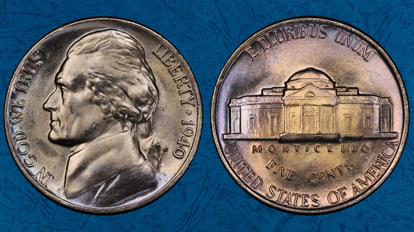 Group of four 1940 Jefferson Nickels showing all business-strike mint marks and proof, reverses visible with Monticello design