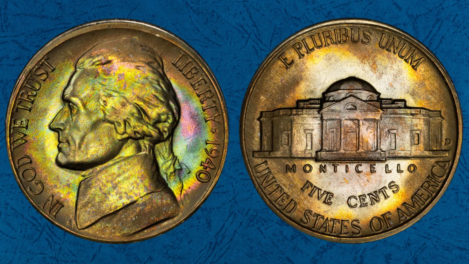 1940 Jefferson Nickel grading strip showing four condition tiers from Good to Mint State Full Steps